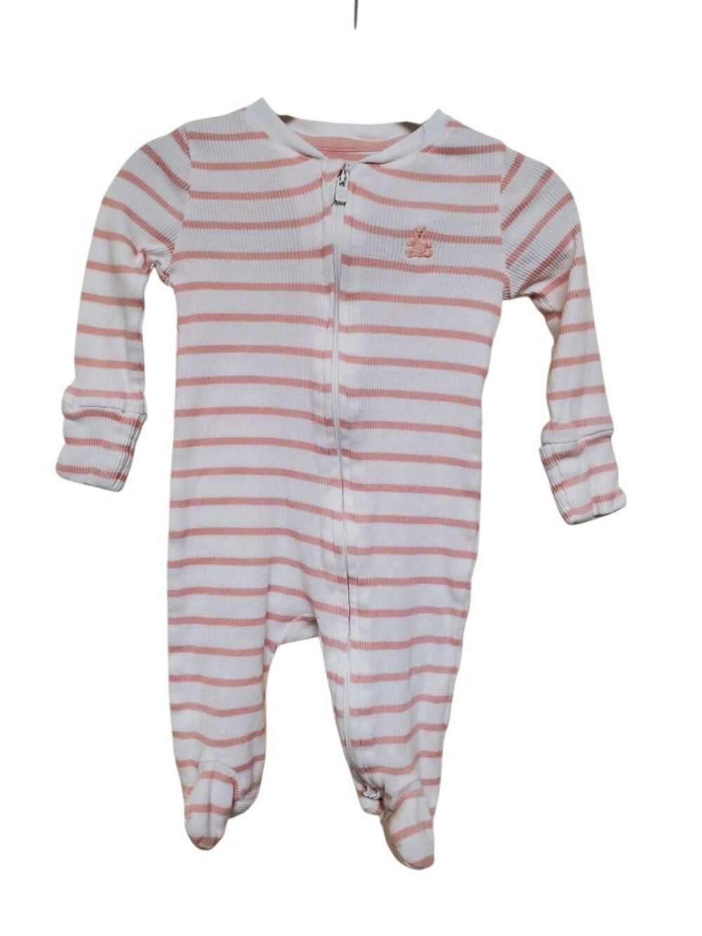 Gap Baby White Pink Stripe Embroidered Teddy Bear Long Sleeve Footie Bodysuit 0M